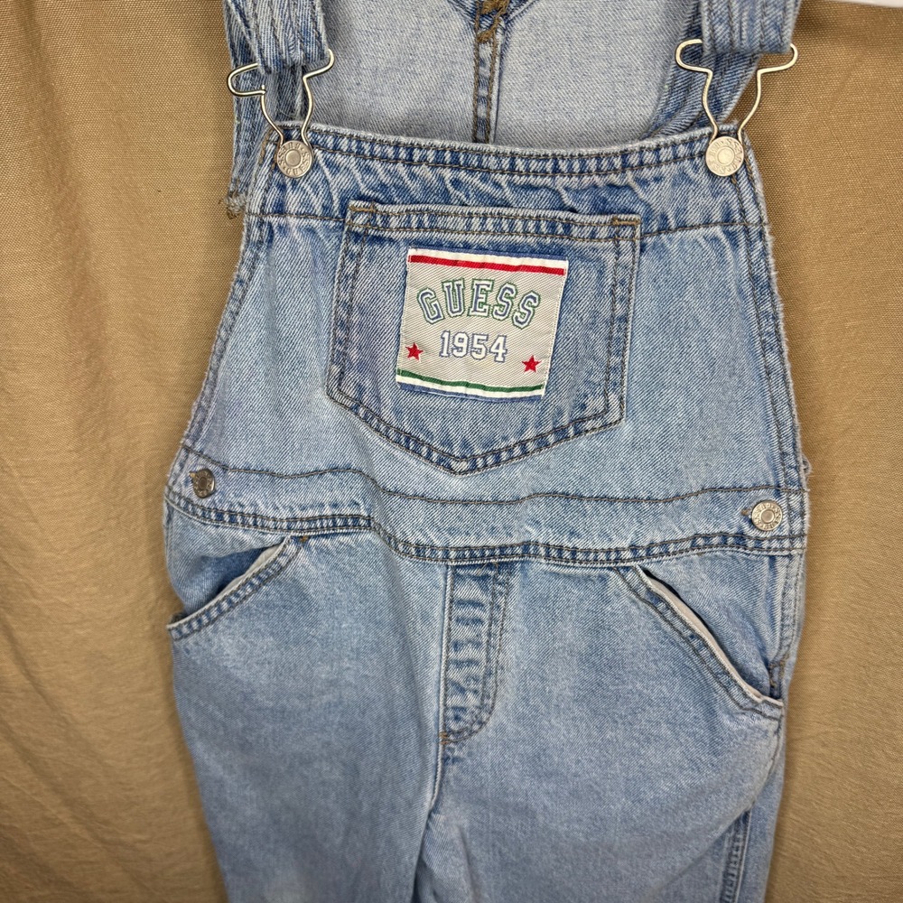 Vintage Guess Kids Denim Overalls Light‎ Wash 1954 Patch Size 6Y 90s Retro